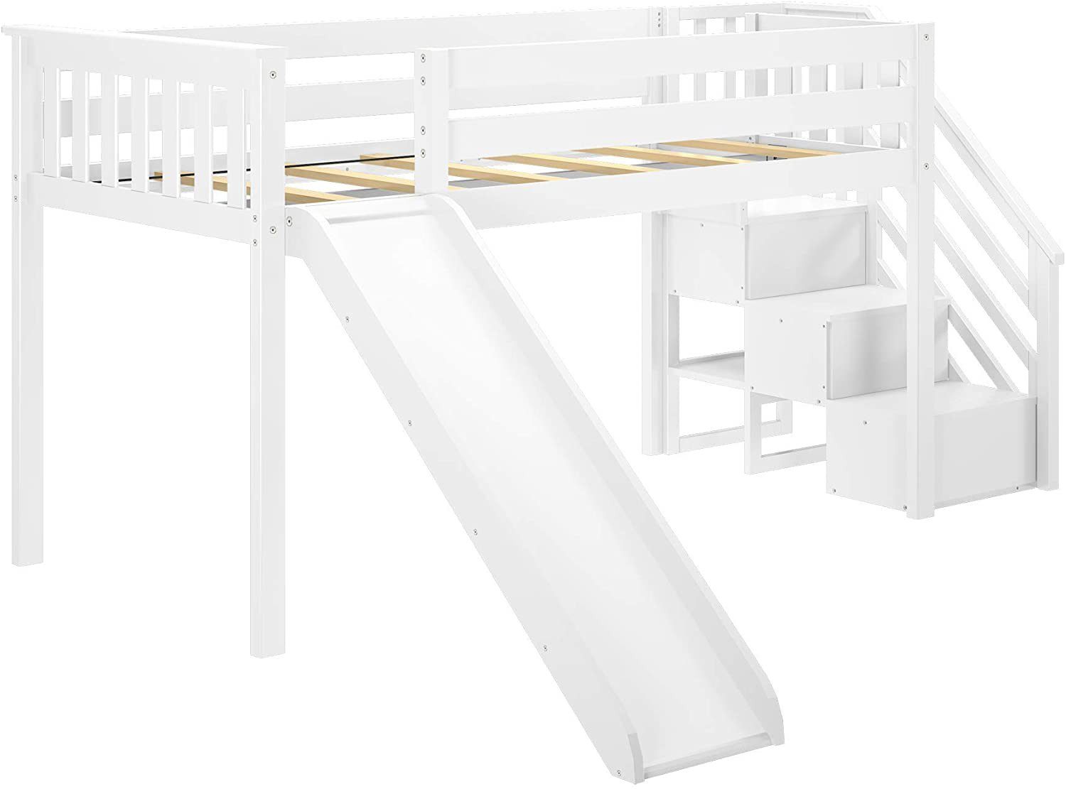 MAX & LILY SOLID WOOD LOW LOFT BED WITH STAIRCASE / SLIDE IN WHITE FINISH