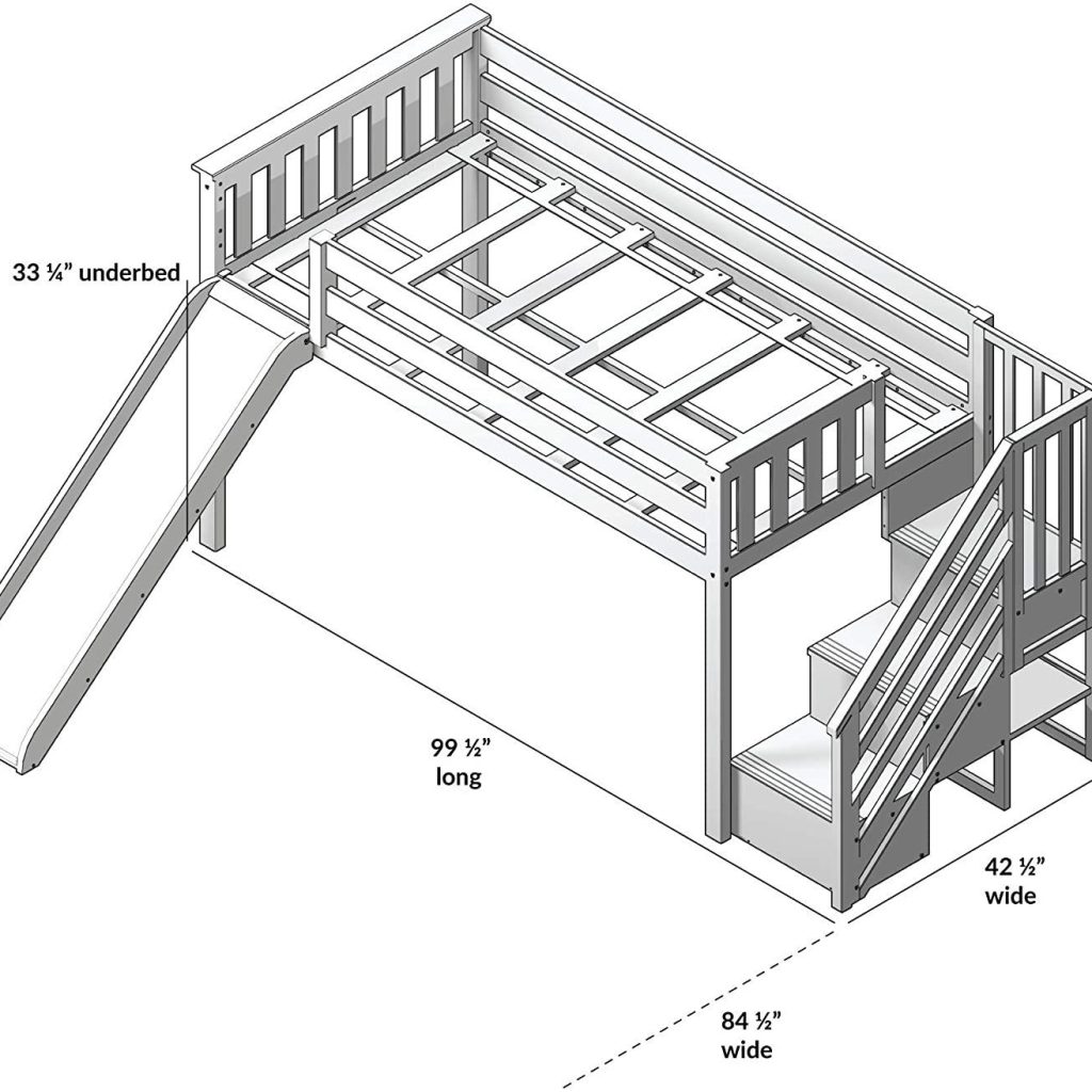 MAX & LILY SOLID WOOD LOW LOFT BED WITH STAIRCASE / SLIDE IN WHITE FINISH