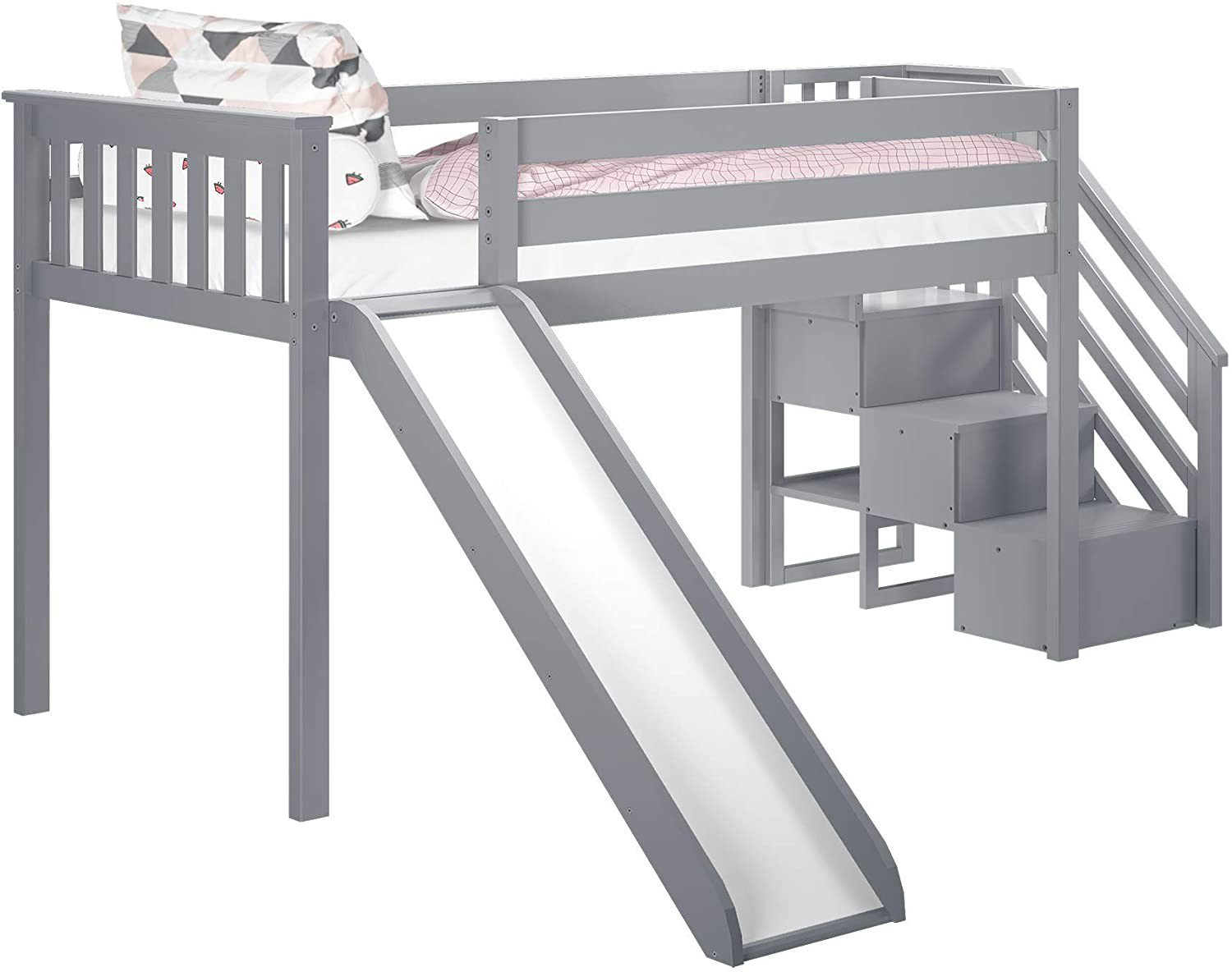 MAX & LILY SOLID WOOD LOW LOFT BED WITH STAIRCASE / SLIDE IN GREY FINISH