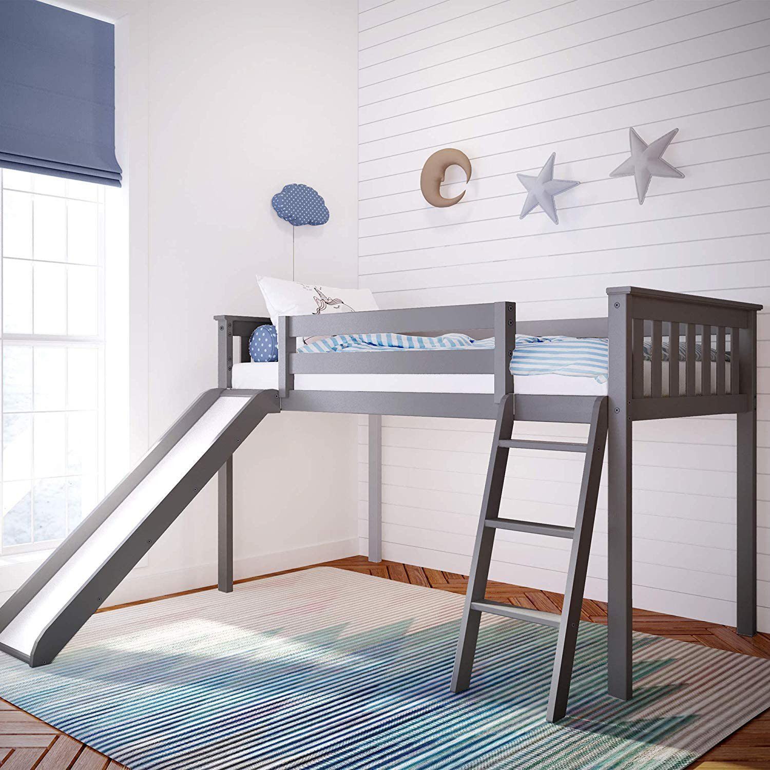 MAX & LILY SOLID WOOD LOW LOFT BED WITH SLIDE IN GREY FINISH