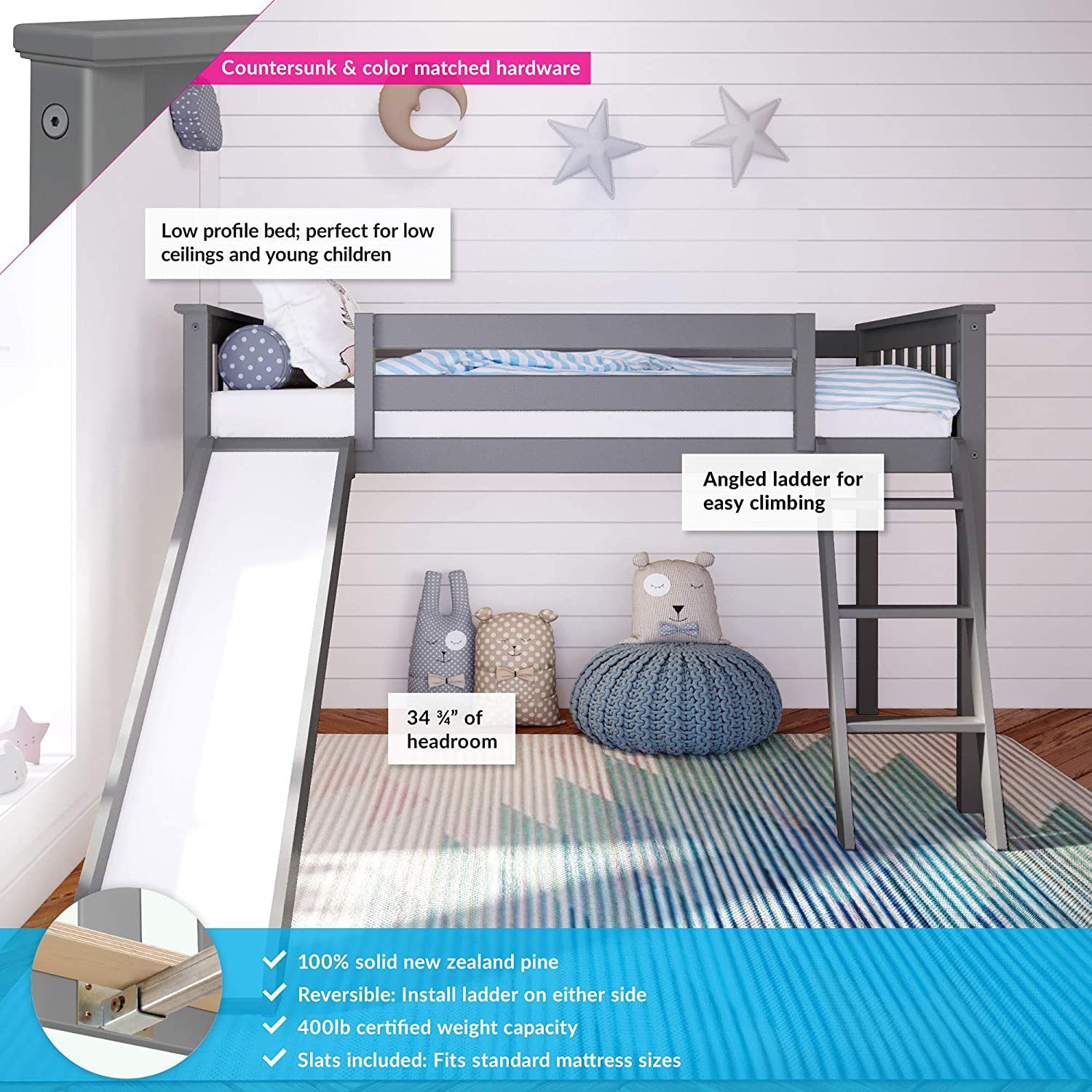 MAX & LILY SOLID WOOD LOW LOFT BED WITH SLIDE IN GREY FINISH
