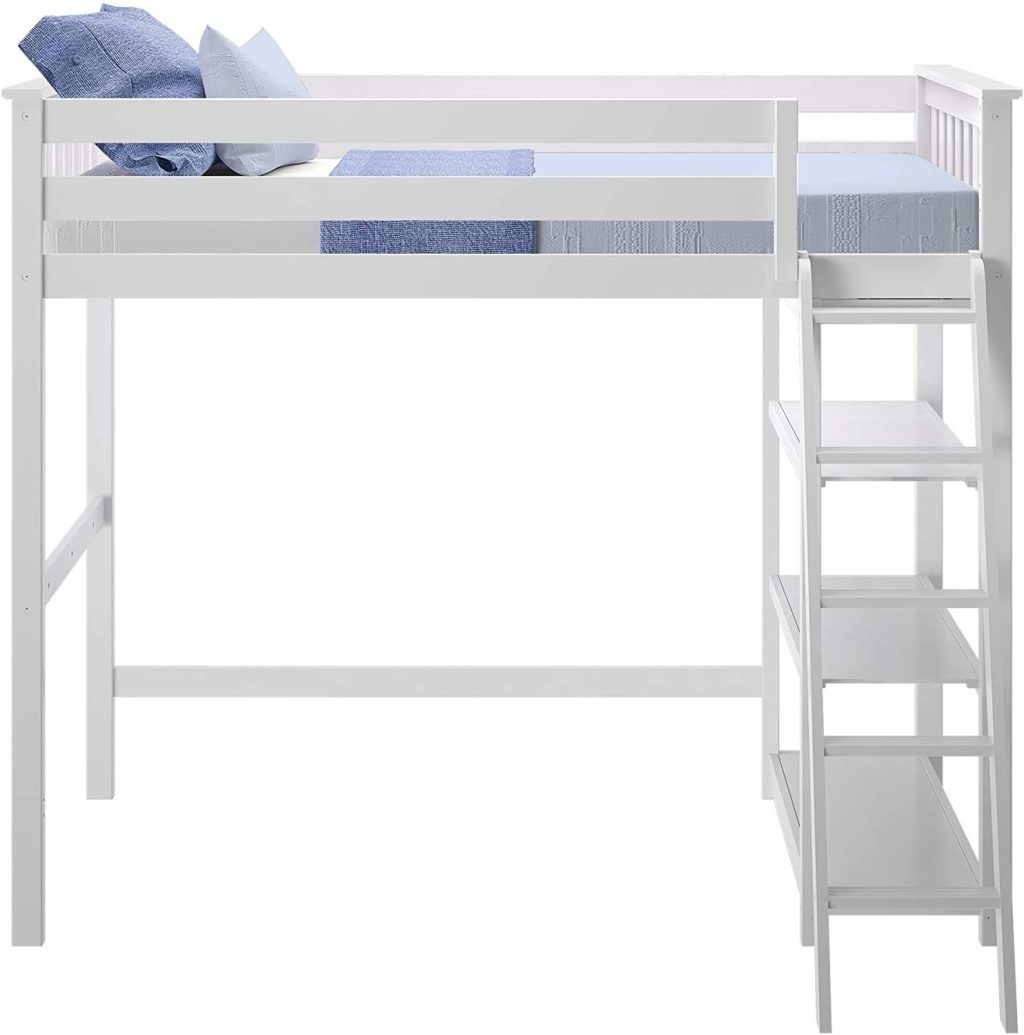 MAX & LILY SOLID WOOD TWIN SIZE HIGH LOFT BED WITH BOOKCASE IN WHITE FINISH