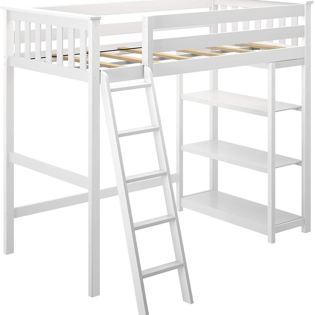 MAX & LILY SOLID WOOD TWIN SIZE HIGH LOFT BED WITH BOOKCASE IN WHITE FINISH