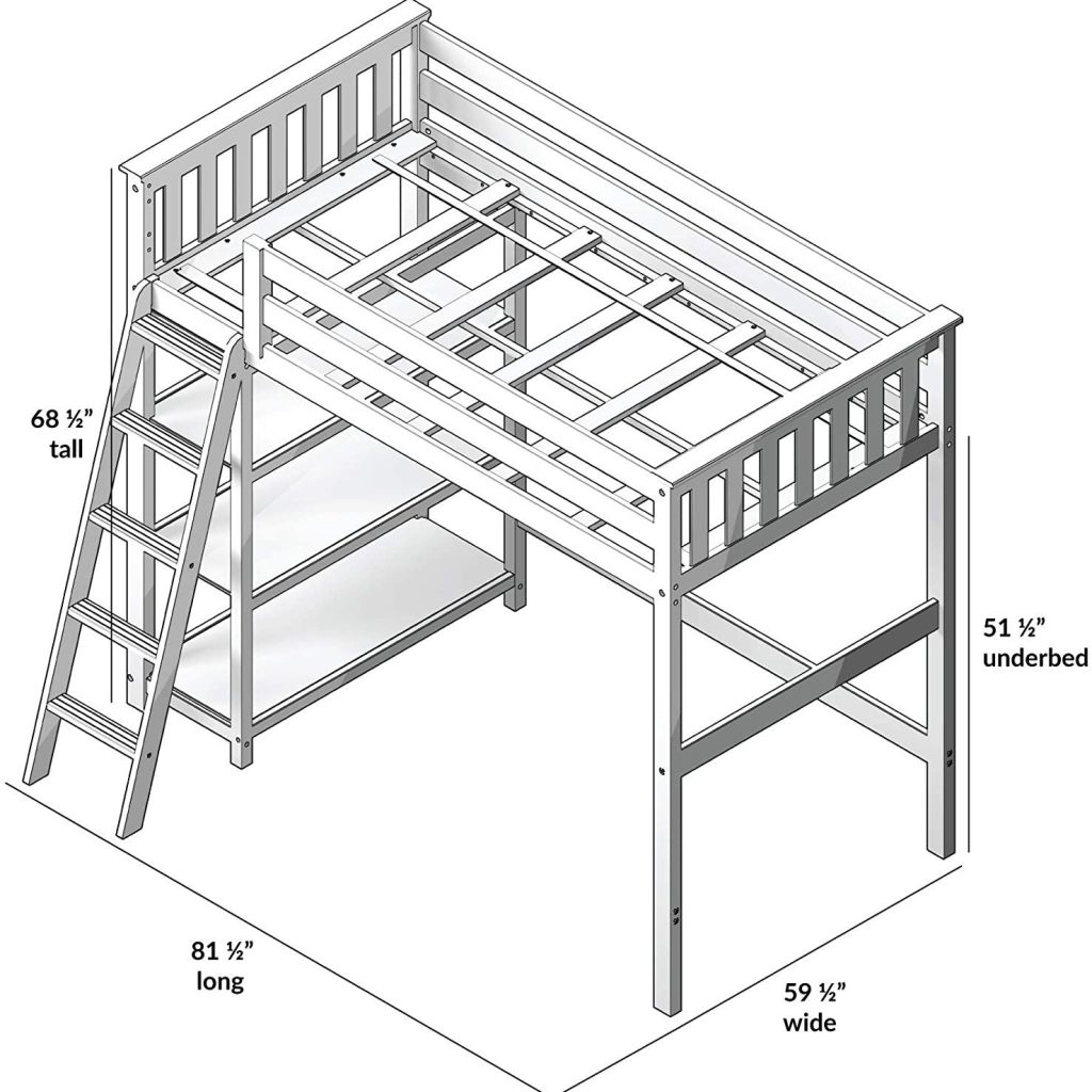 MAX & LILY SOLID WOOD TWIN SIZE HIGH LOFT BED WITH BOOKCASE IN WHITE FINISH