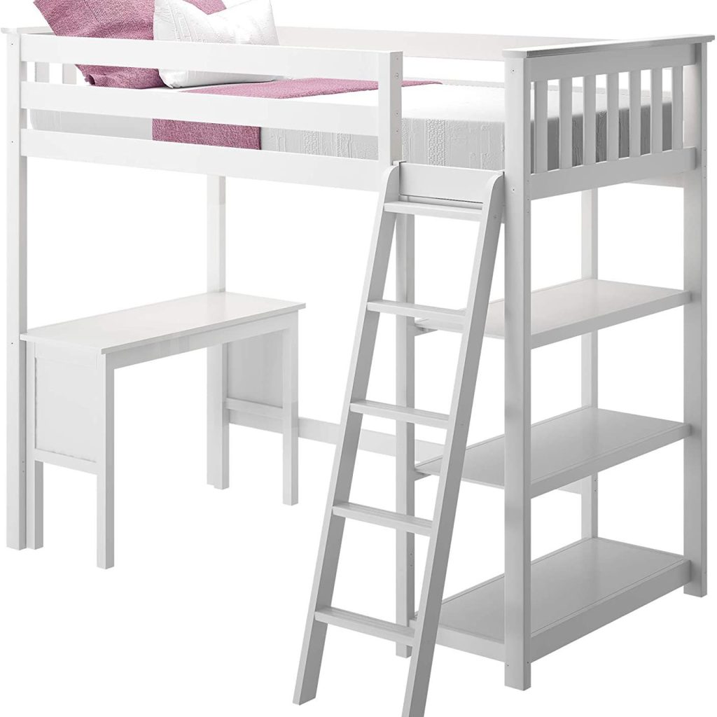 MAX & LILY SOLID WOOD TWIN SIZE HIGH LOFT BED WITH BOOKCASE + DESK IN WHITE FINISH