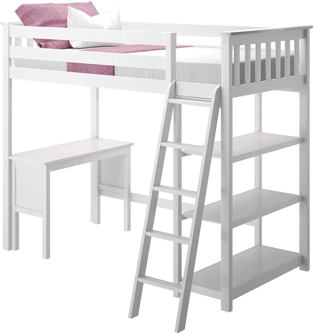 MAX & LILY SOLID WOOD TWIN SIZE HIGH LOFT BED WITH BOOKCASE + DESK IN WHITE FINISH
