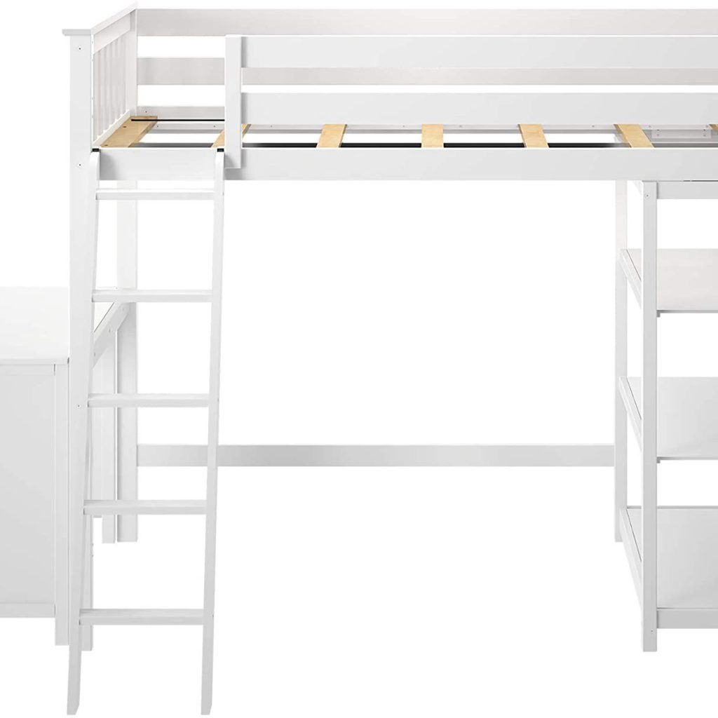 MAX & LILY SOLID WOOD TWIN SIZE HIGH LOFT BED WITH BOOKCASE + DESK IN WHITE FINISH