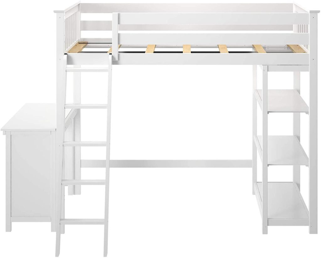 MAX & LILY SOLID WOOD TWIN SIZE HIGH LOFT BED WITH BOOKCASE + DESK IN WHITE FINISH