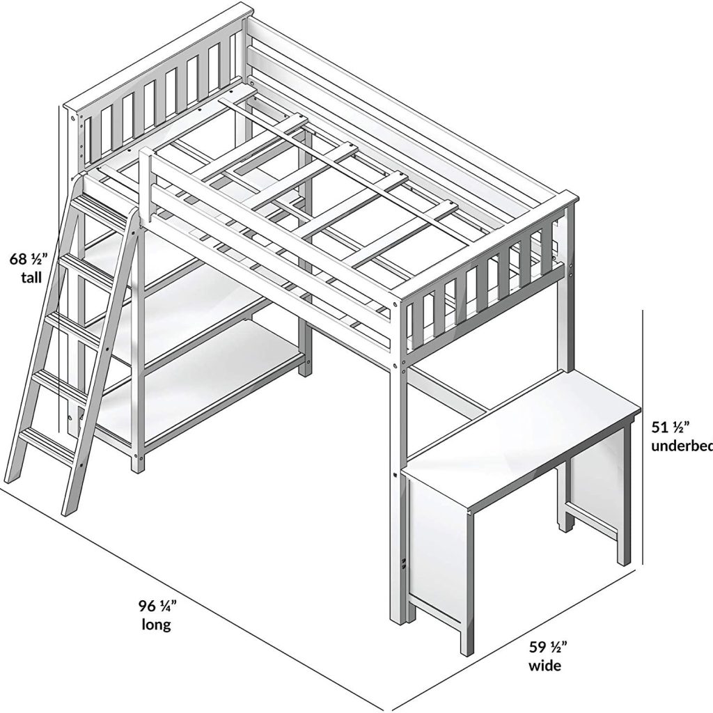 MAX & LILY SOLID WOOD TWIN SIZE HIGH LOFT BED WITH BOOKCASE + DESK IN WHITE FINISH