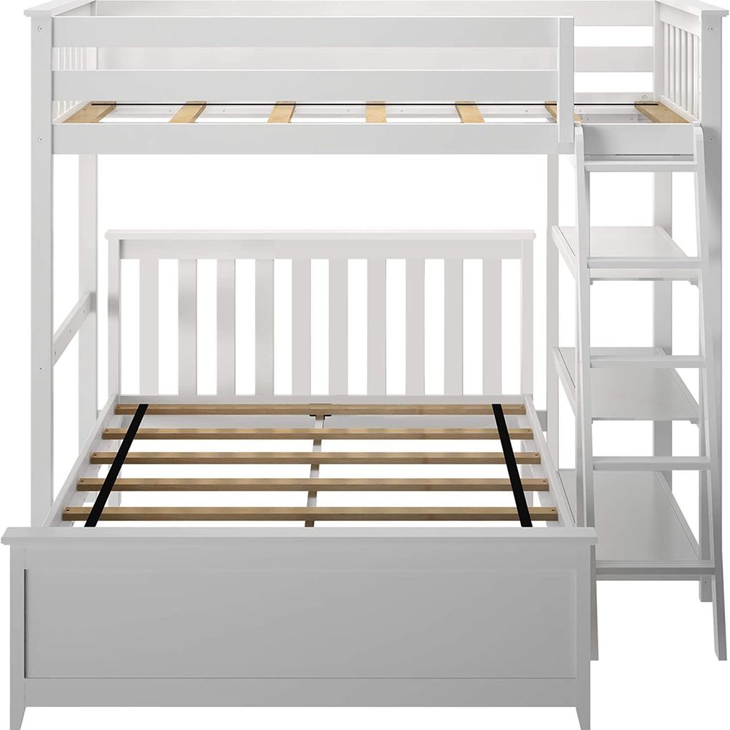 MAX & LILY SOLID WOOD TWIN OVER FULL L SHAPE BUNK BED WITH BOOKCASE IN WHITE FINISH