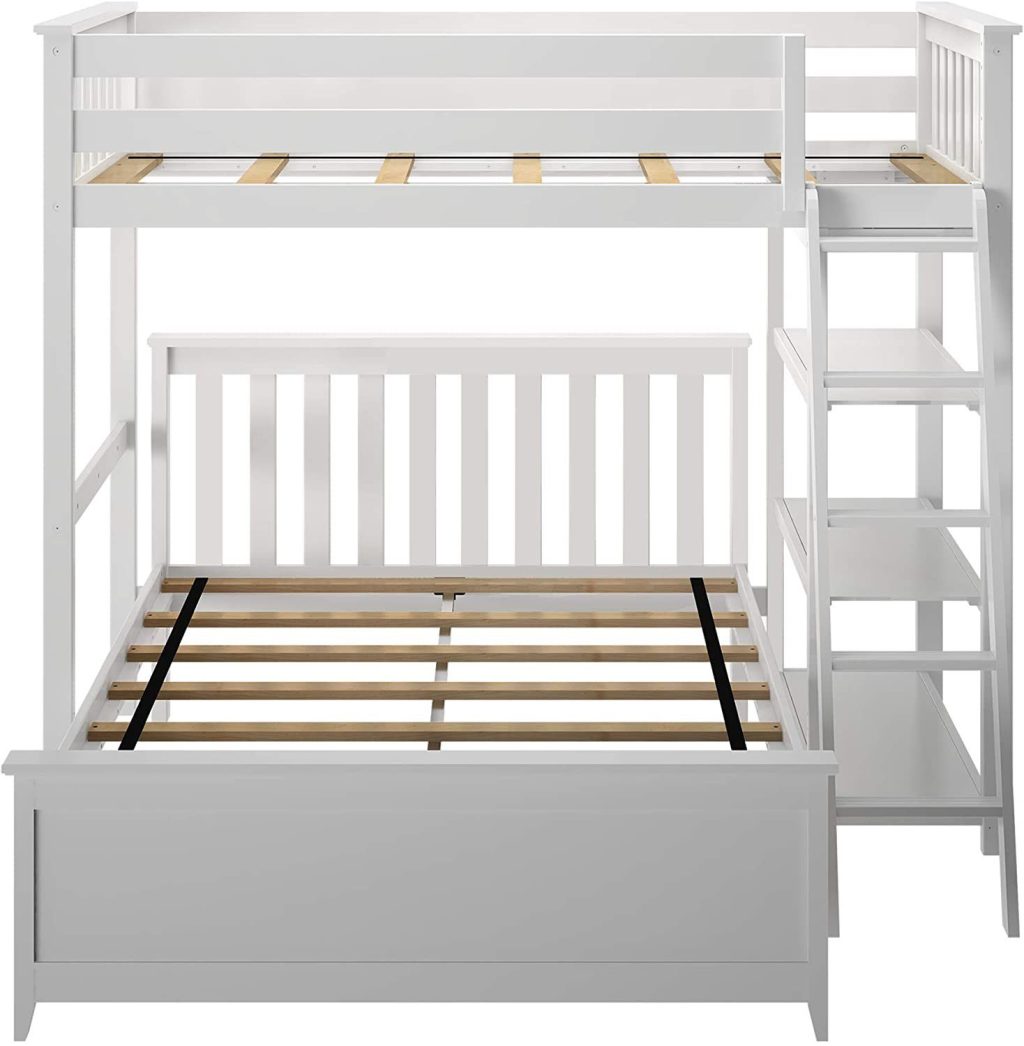 MAX & LILY SOLID WOOD TWIN OVER FULL L SHAPE BUNK BED WITH BOOKCASE IN WHITE FINISH