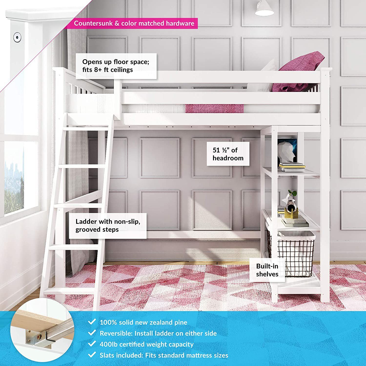 MAX & LILY SOLID WOOD FULL SIZE HIGH LOFT BED WITH BOOKCASE IN WHITE FINISH