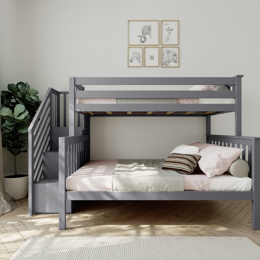 MAX & LILY SOLID WOOD TWIN OVER FULL BUNK BED WITH STAIRCASE IN GREY FINISH