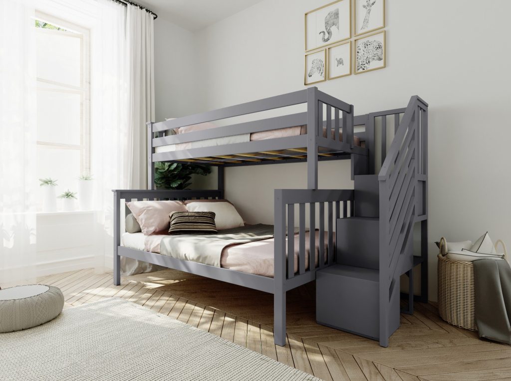MAX & LILY SOLID WOOD TWIN OVER FULL BUNK BED WITH STAIRCASE IN GREY FINISH