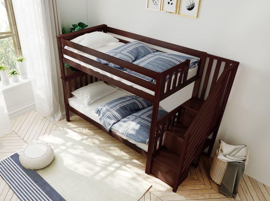 MAX & LILY SOLID WOOD TWIN OVER TWIN BUNK BED WITH STAIRCASE IN ESPRESSO FINISH