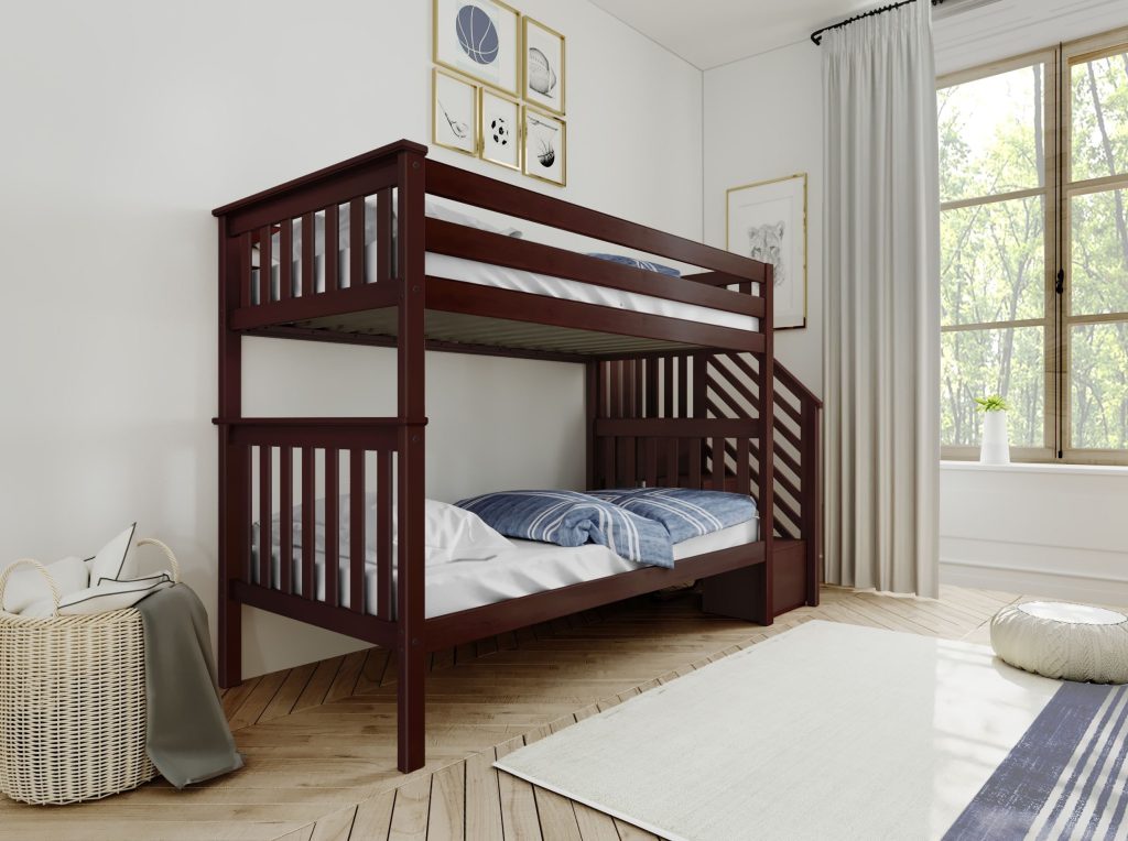 MAX & LILY SOLID WOOD TWIN OVER TWIN BUNK BED WITH STAIRCASE IN ESPRESSO FINISH