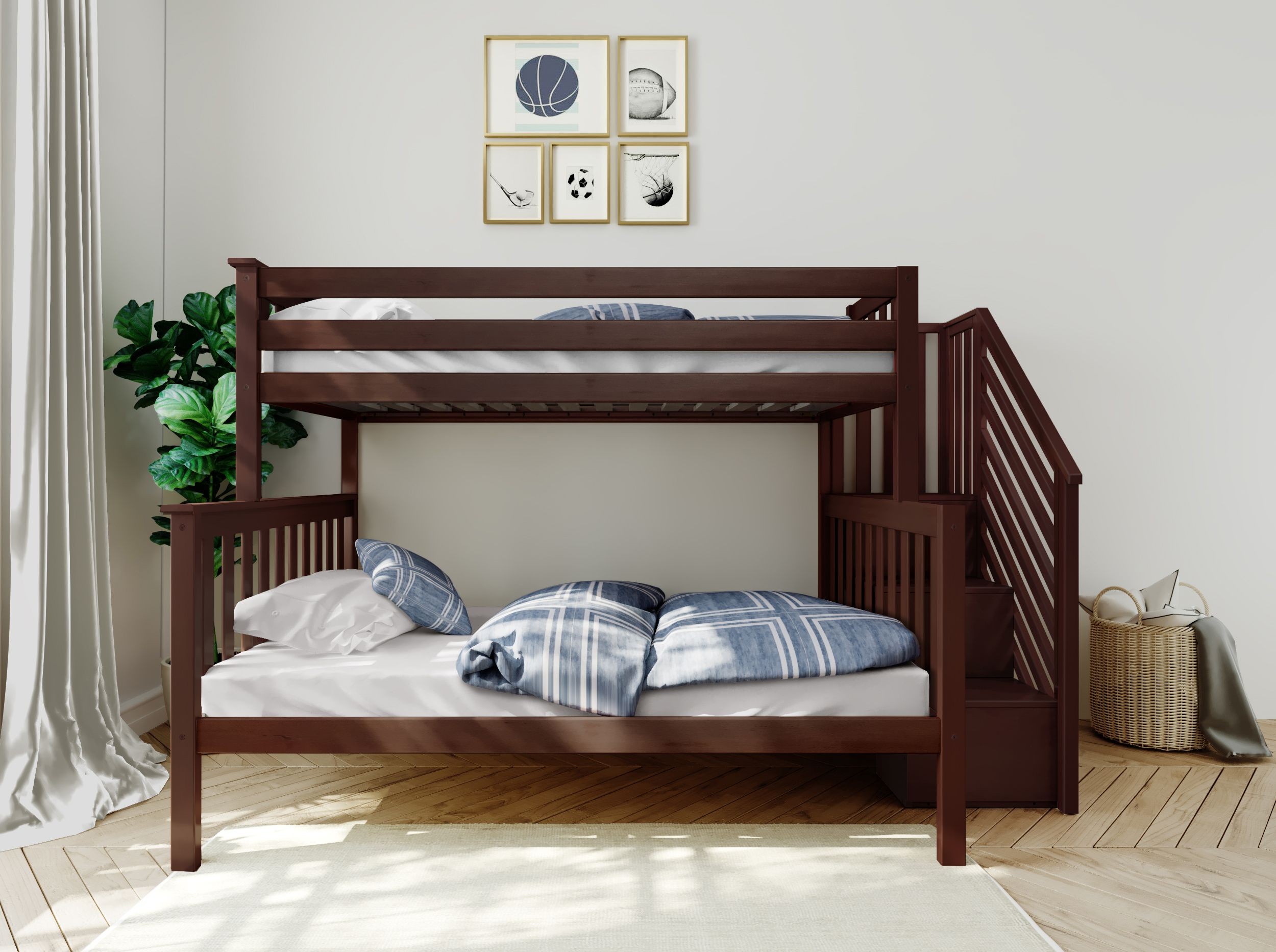 MAX & LILY SOLID WOOD TWIN OVER FULL BUNK BED WITH STAIRCASE IN ESPRESSO FINISH