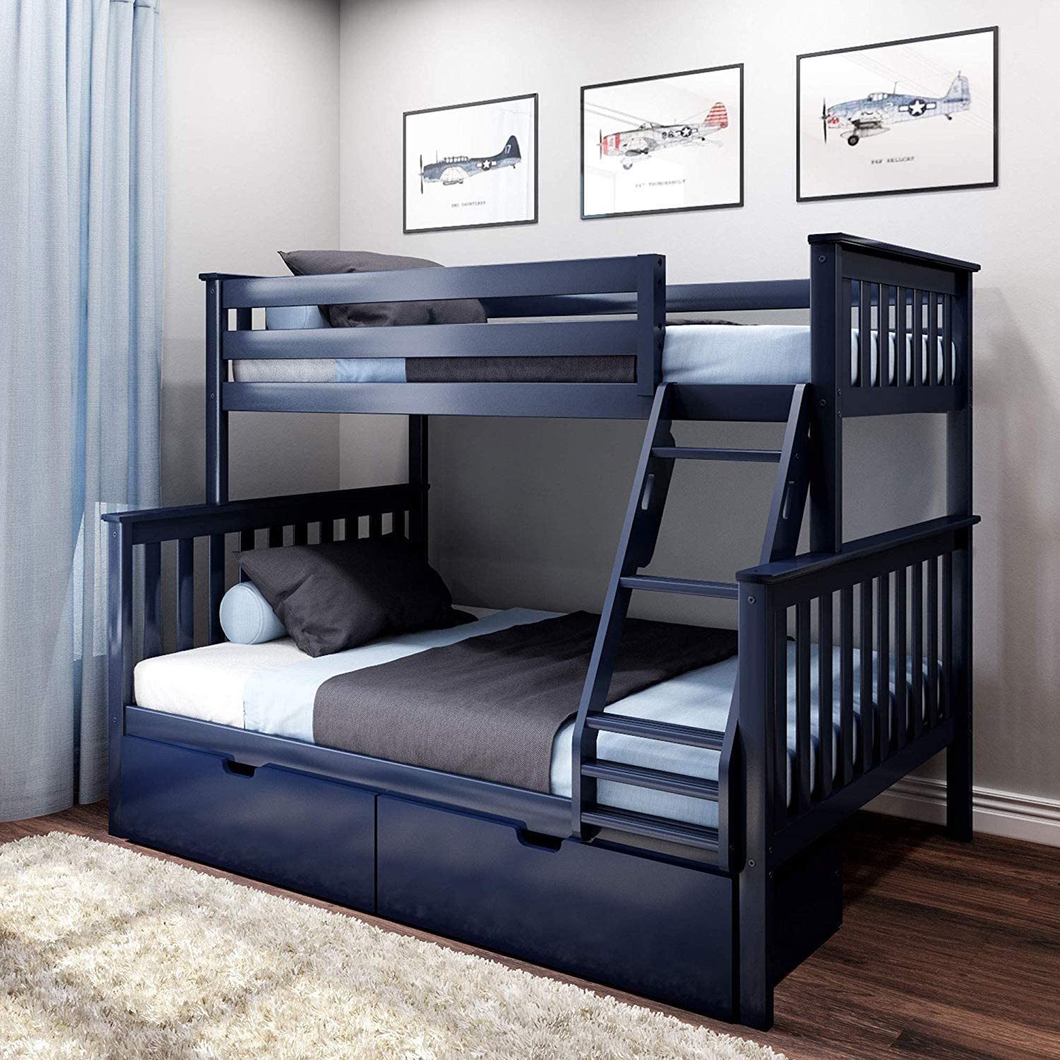 MAX & LILY SOLID WOOD TWIN OVER FULL BUNK BED IN BLUE WITH STORAGE