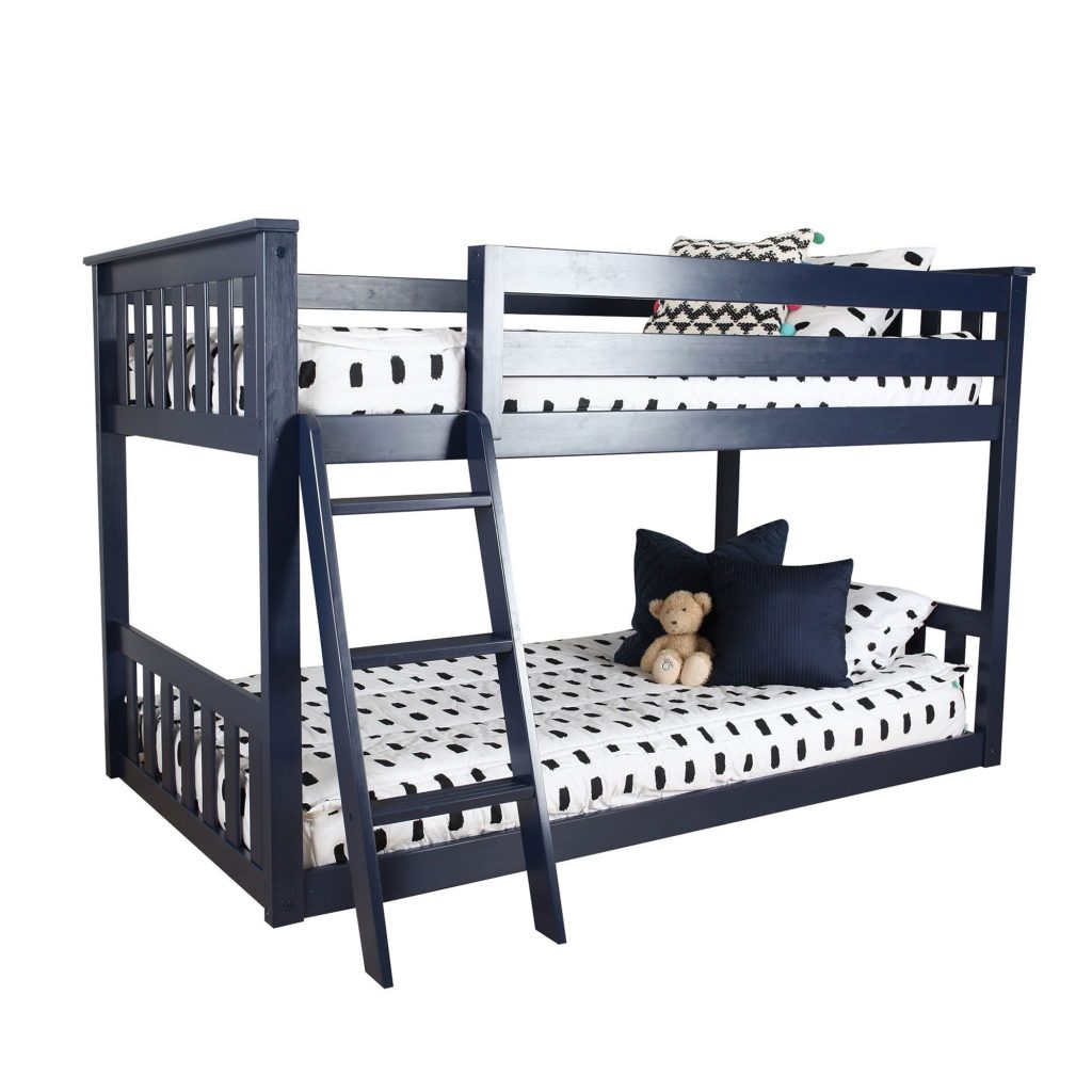 MAX AND LILY SOLID WOOD TWIN OVER TWIN LOW BUNK BED IN BLUE FINISH
