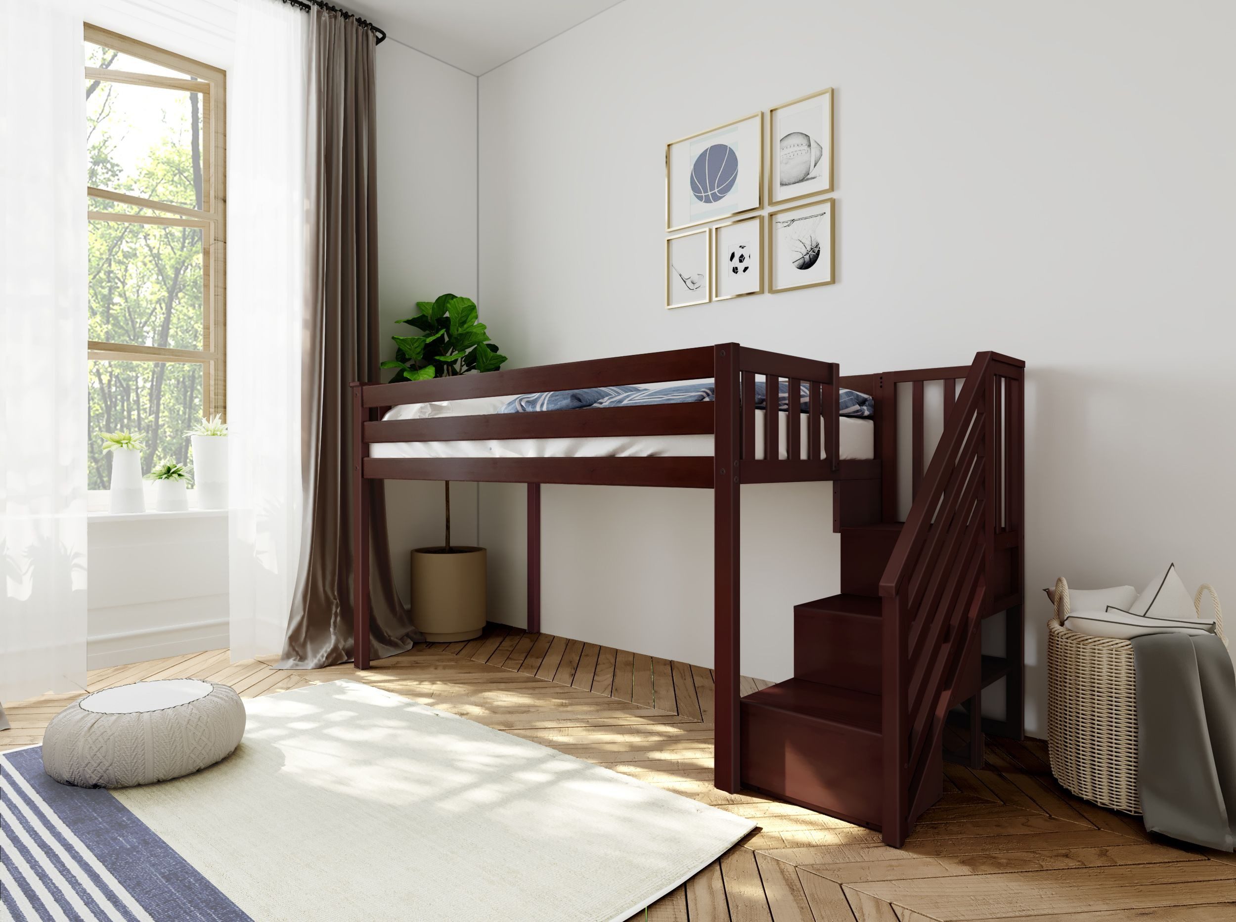 MAX & LILY SOLID WOOD LOW LOFT BED WITH STAIRCASE IN ESPRESSO FINISH