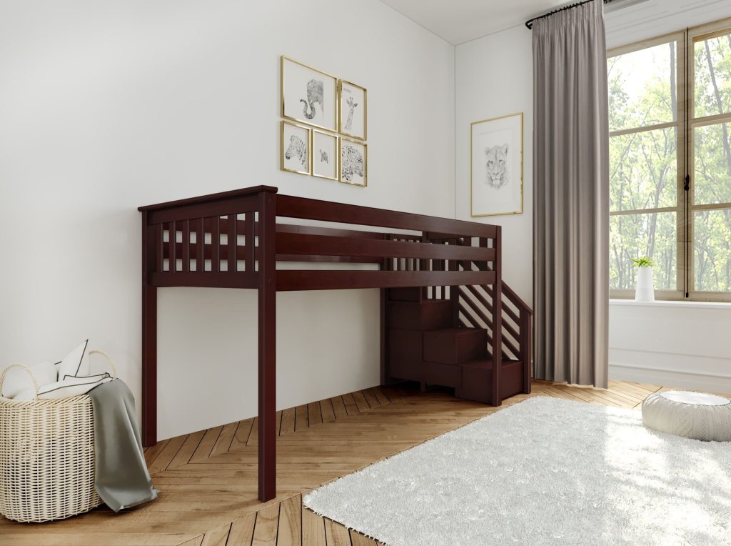 MAX & LILY SOLID WOOD LOW LOFT BED WITH STAIRCASE IN ESPRESSO FINISH