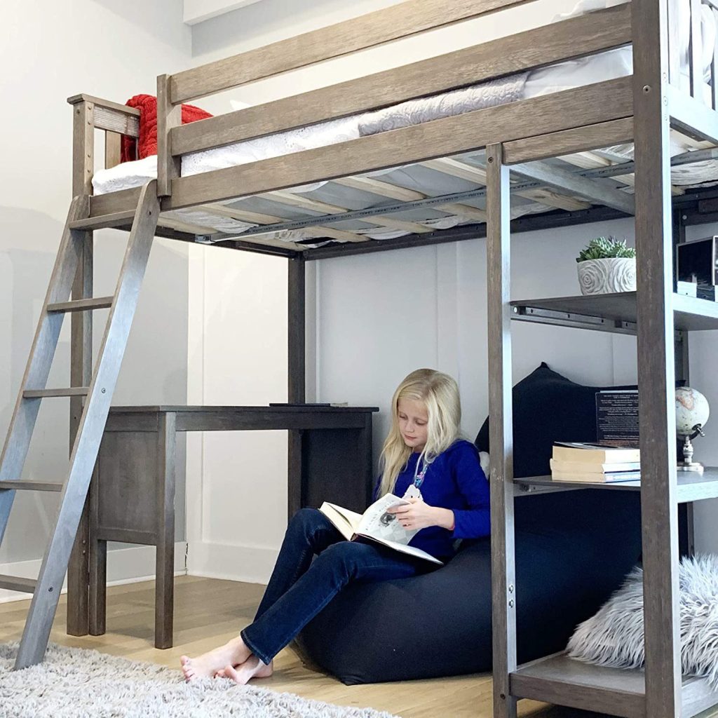 MAX & LILY SOLID WOOD TWIN SIZE HIGH LOFT BED WITH BOOKCASE + DESK IN CLAY FINISH
