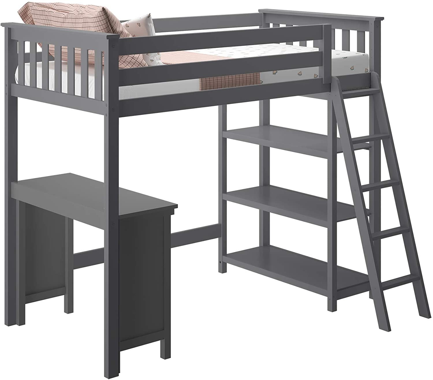MAX & LILY SOLID WOOD TWIN SIZE HIGH LOFT BED WITH BOOKCASE + DESK IN GREY FINISH