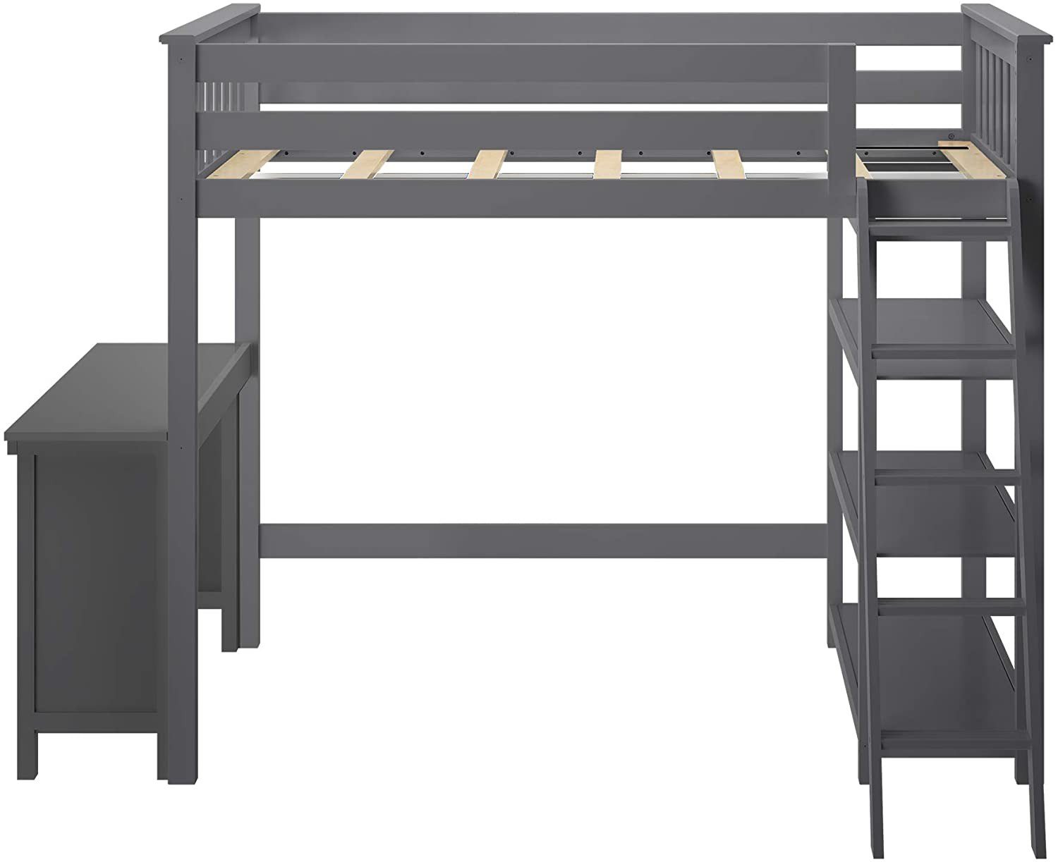 MAX & LILY SOLID WOOD TWIN SIZE HIGH LOFT BED WITH BOOKCASE + DESK IN GREY FINISH