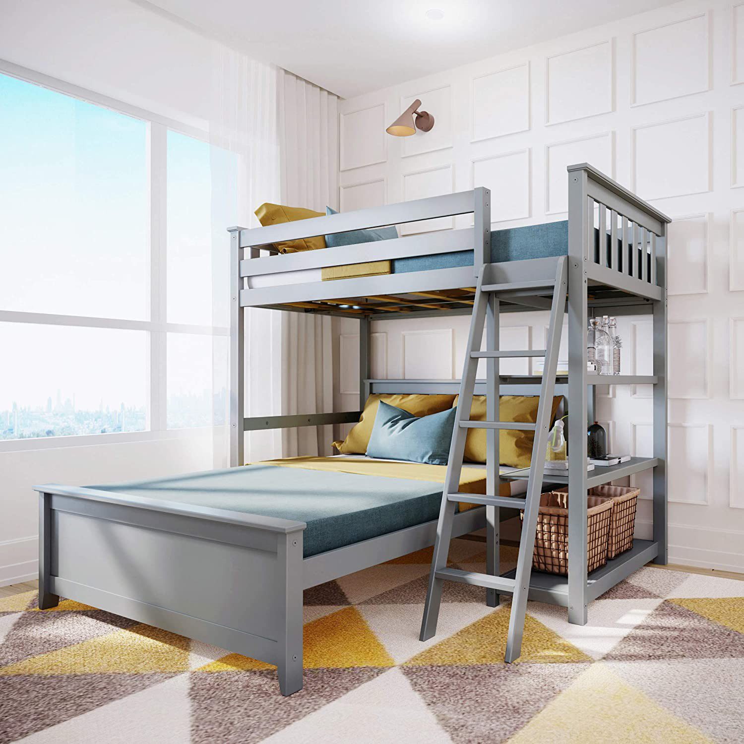 MAX & LILY SOLID WOOD TWIN OVER FULL L SHAPE BUNK BED WITH BOOKCASE IN GREY FINISH