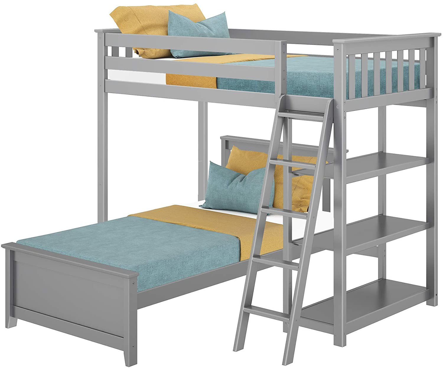 MAX & LILY SOLID WOOD TWIN OVER TWIN L SHAPE BUNK BED WITH BOOKCASE IN GREY FINISH
