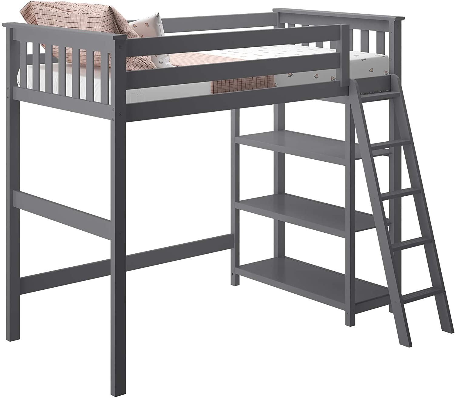 MAX & LILY SOLID WOOD TWIN SIZE HIGH LOFT BED WITH BOOKCASE IN GREY FINISH