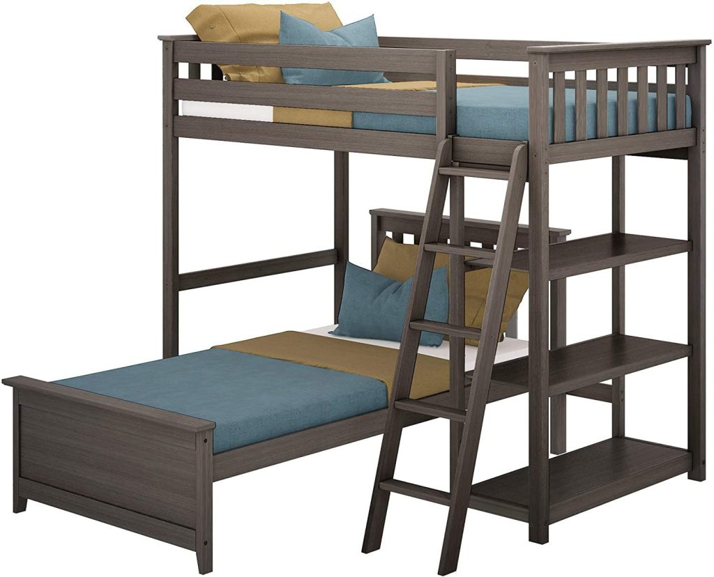 MAX & LILY SOLID WOOD TWIN OVER TWIN L SHAPE BUNK BED WITH BOOKCASE IN CLAY FINISH