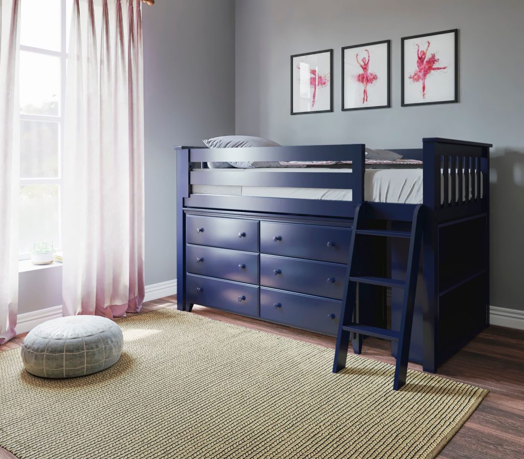 Blue Twin Low Loft Bed With Dresser and Bookcase