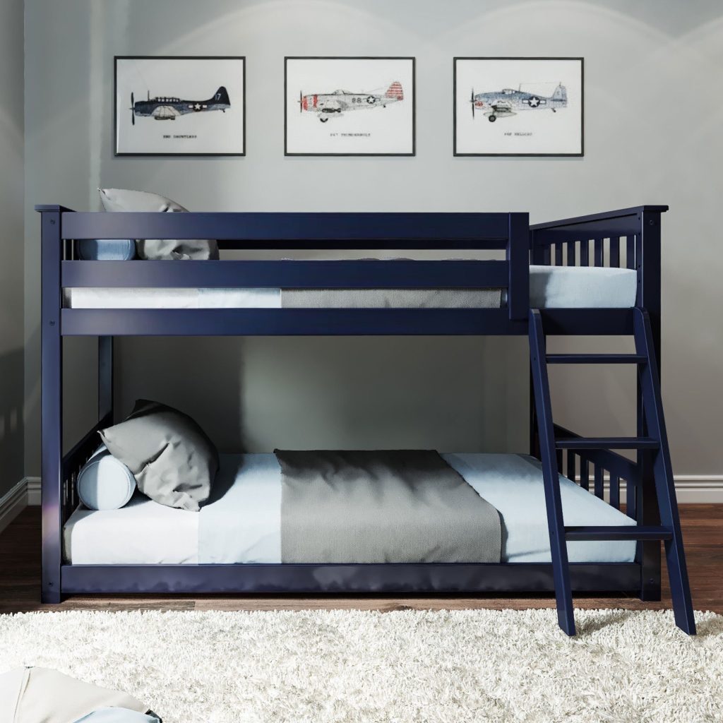 MAX AND LILY SOLID WOOD TWIN OVER TWIN LOW BUNK BED IN BLUE FINISH