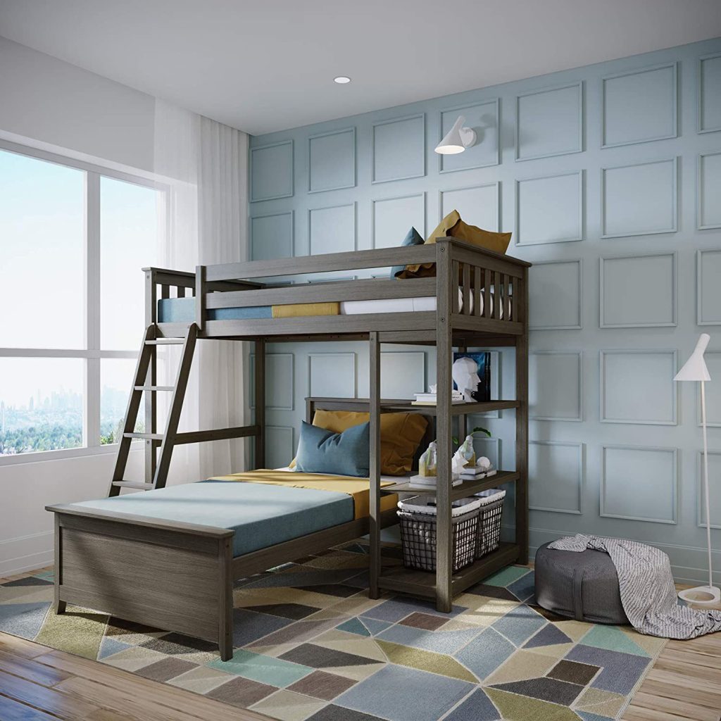 Twin Over Twin L Shape Bunk Bed with Bookcase in Clay Finish by Max & Lily