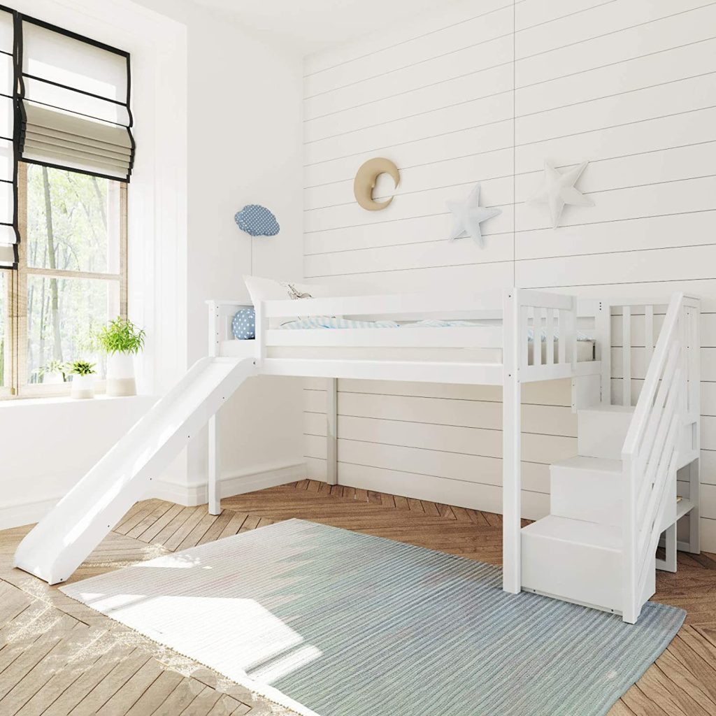 Max &Amp; Lily Solid Wood Low Loft Bed With Staircase Or Slide In White