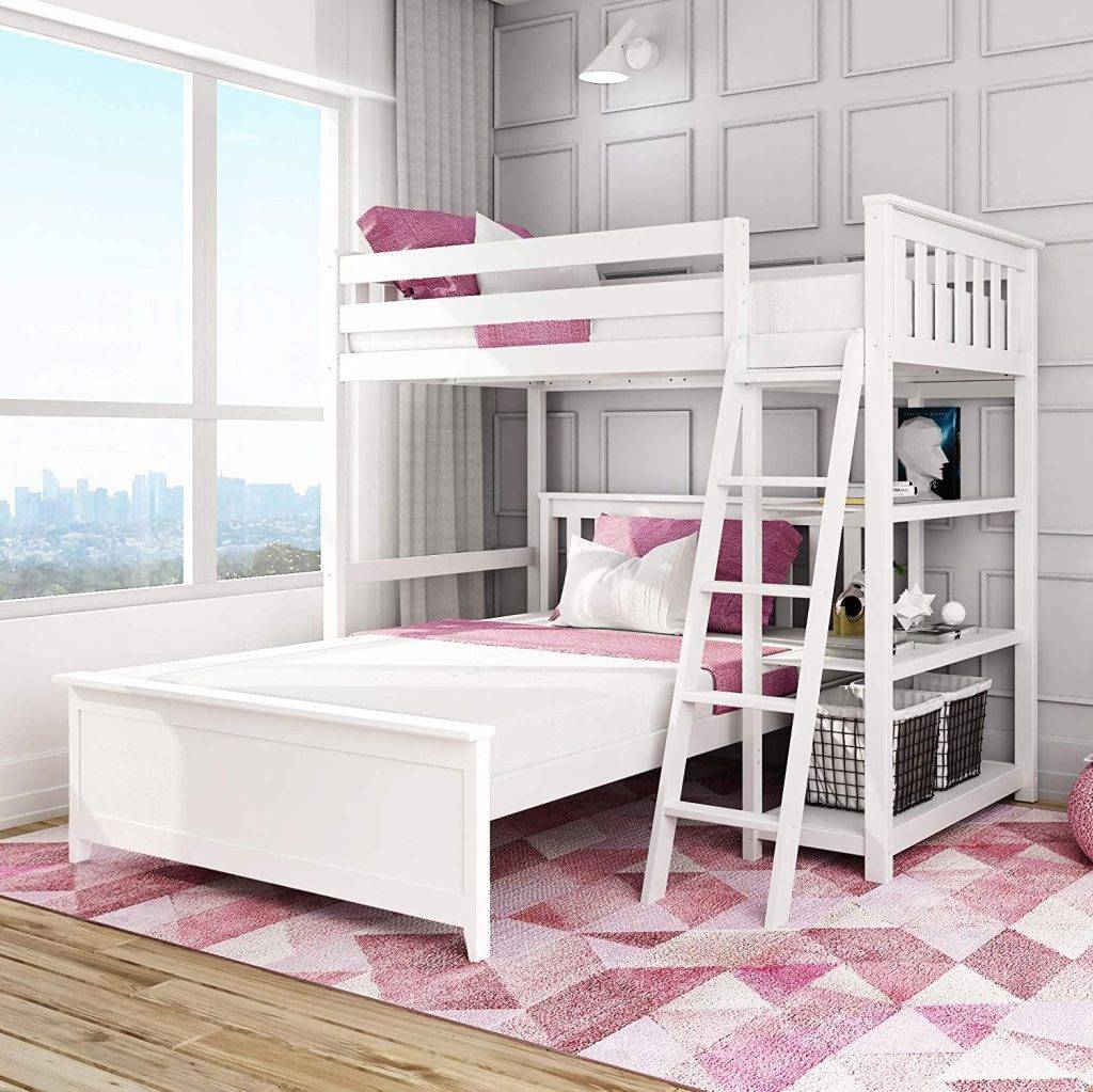 MAX & LILY SOLID WOOD Twin Over Full L-Shaped Bunk Bed With Bookcase in White