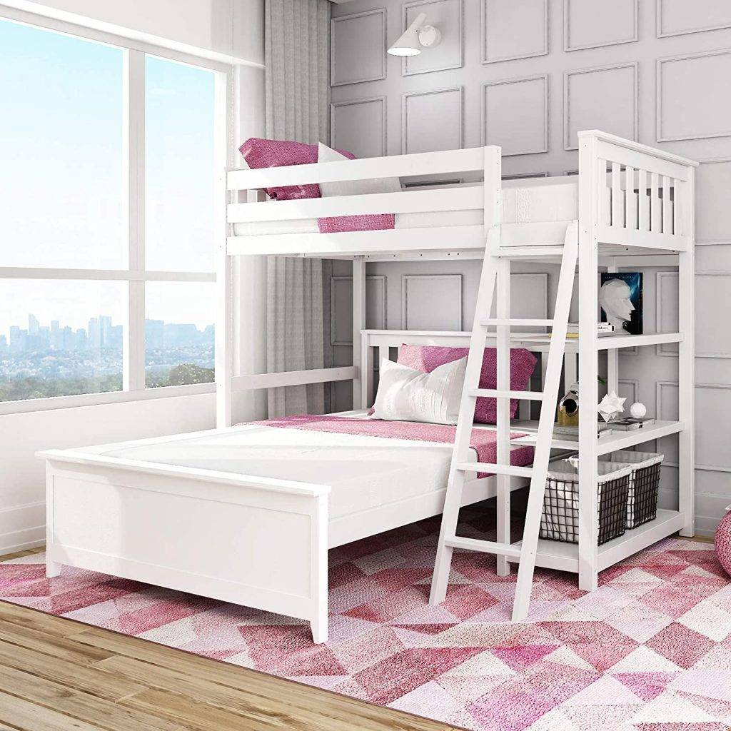 Max &Amp; Lily Solid Wood Twin Over Full L-Shaped Bunk Bed With Bookcase In White