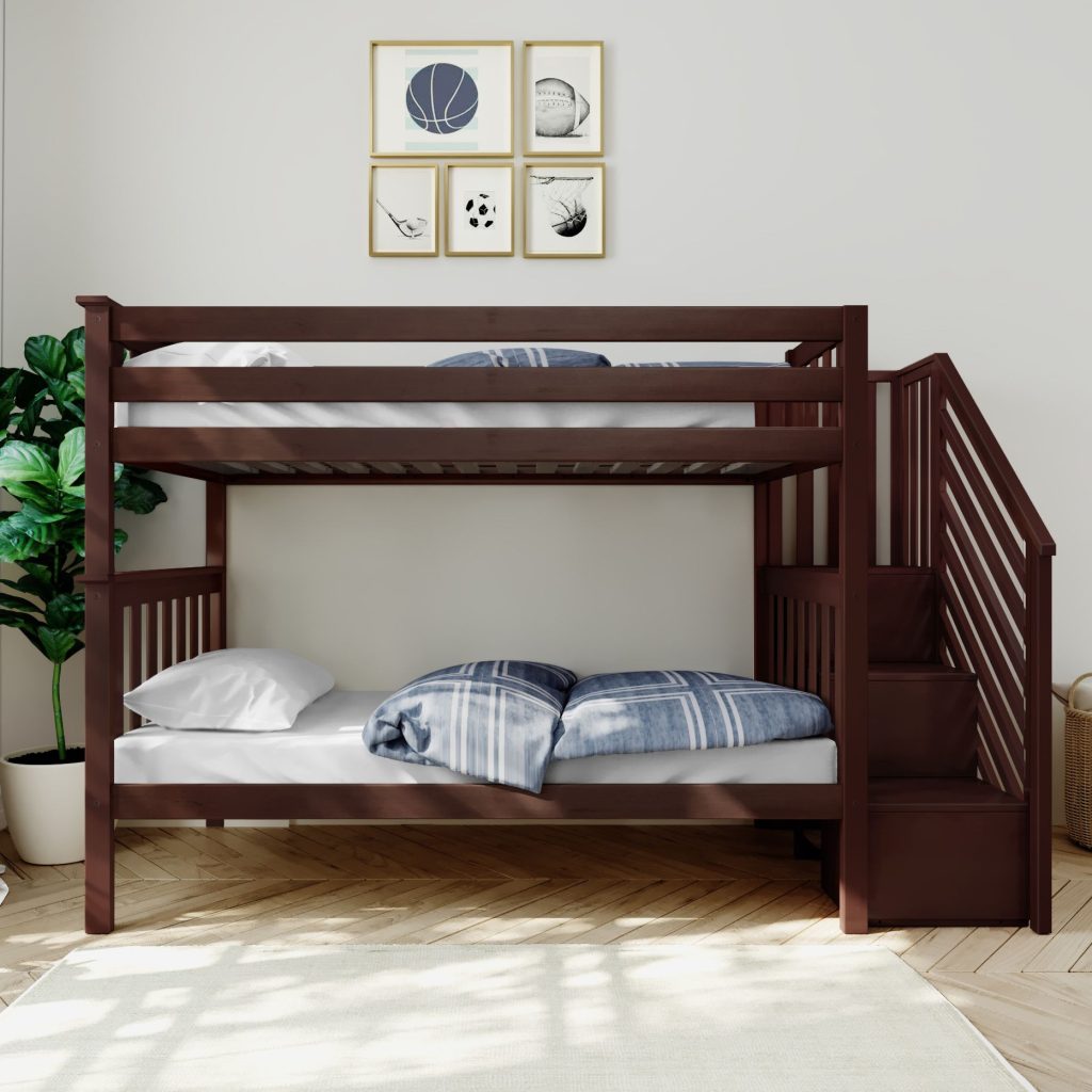 MAX & LILY SOLID WOOD Twin Over Twin Bunk Bed With Stairs in Espresso