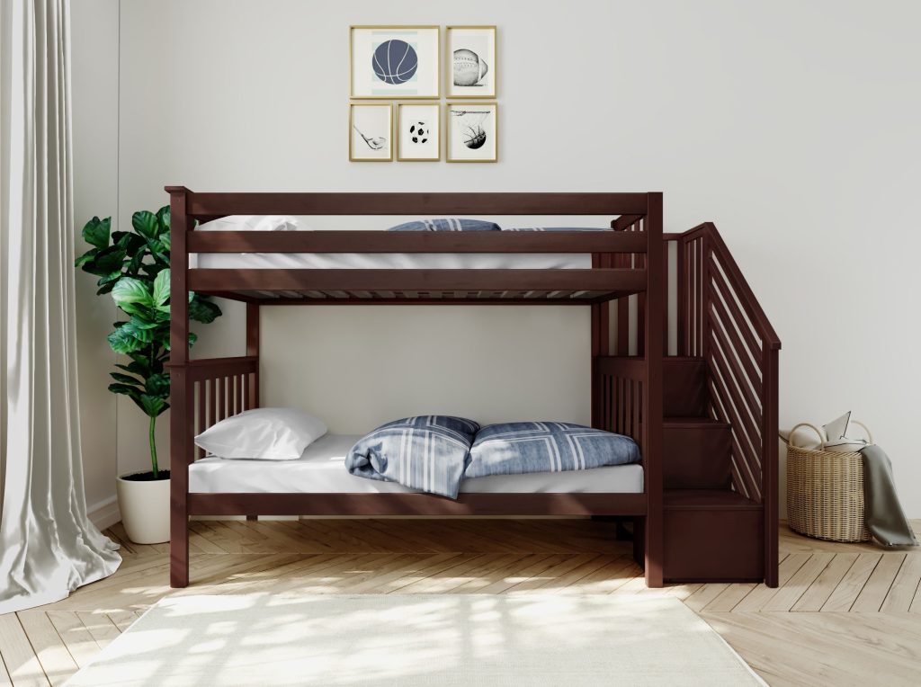 MAX & LILY SOLID WOOD Twin Over Twin Bunk Bed With Stairs in Espresso