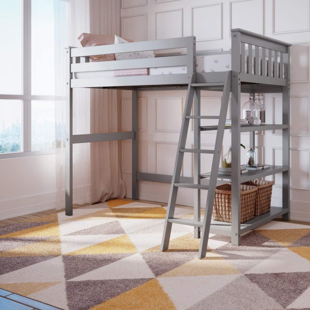 MAX & LILY SOLID WOOD Twin Size High Loft Bed In Grey With Bookcase