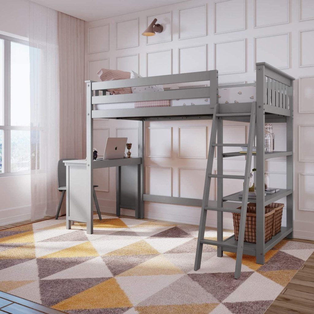 Twin Size High Loft Bed In Grey with Bookcase and Desk