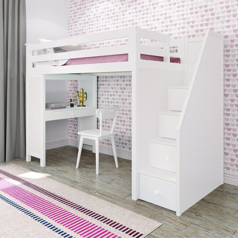 Solid Wood Brighton White Twin Loft Bed with Stairs and Desk  