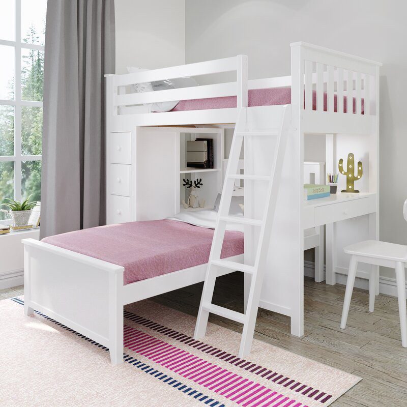 Solid Wood Kensington 1 White Twin Loft Bunk Bed with Desk and Storage