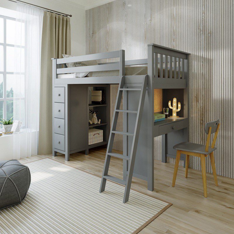 Solid Wood Kensington Twin Loft Bed With Desk and Storage In Grey