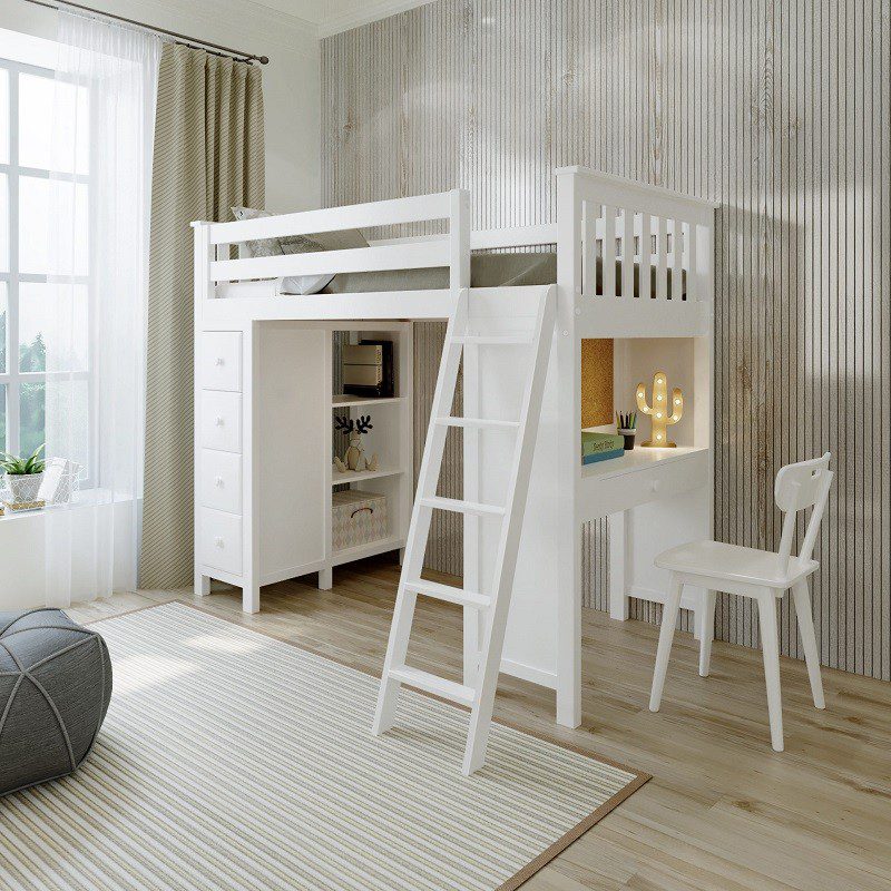 Solid Wood Kensington White Twin Loft Bed With Desk and Storage