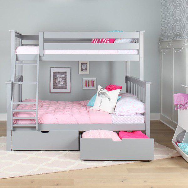 Solid Wood Max and Lily Twin Over Full Bunk Bed with Storage in Grey