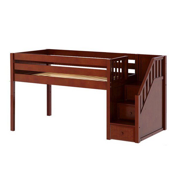 Solid Wood Maxtrix Great CP Twin Low Loft Bed With Stairs In Chestnut