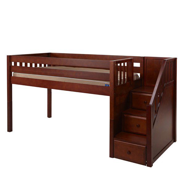 Solid Wood Maxtrix Great CS Twin Low Loft Bed With Stairs In Chestnut