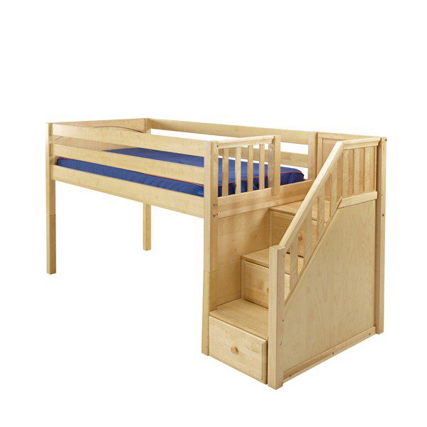 Solid Wood Maxtrix Great NP Twin Low Loft Bed with Stairs In Natural